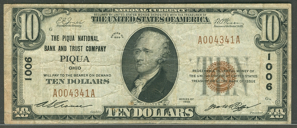 Piqua, OH, Ch.#1006, 1929T1 $10, The Piqua NB&T, A004341A, F/VF